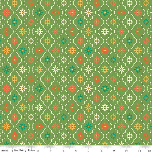 Image of the Autumn Afternoon Moroccan Tile Green quilting cotton fabric by Heather Peterson for Riley Blake Designs. Features a damask design with daisies on a green background. 
Cute Little Fabric Shop
