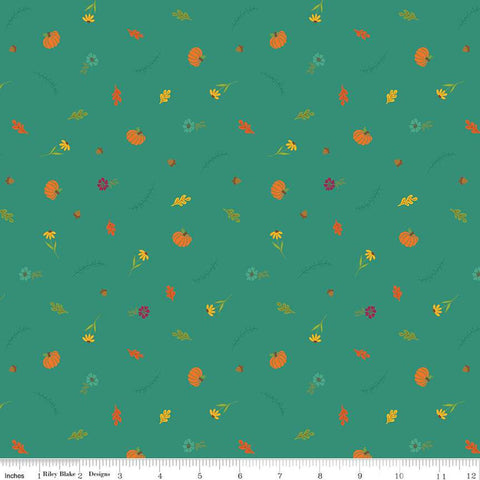 Image of the Autumn Afternoon Fall Toss Teal quilting cotton fabric by Heather Peterson for Riley Blake Designs. Features scattered flowers, pumpkins, and acorns on a teal green background. 
Cute Little Fabric Shop