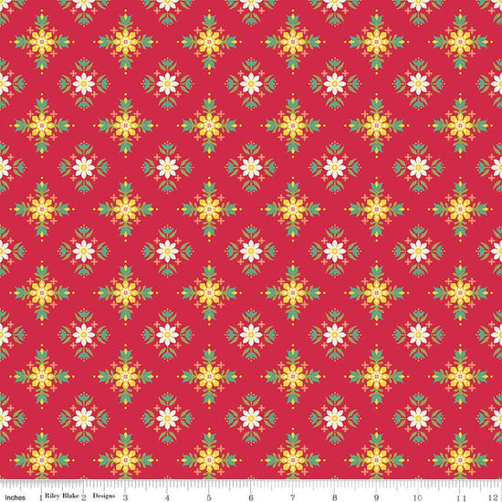 Image of the Autumn Afternoon Flower Clusters Berry quilting cotton fabric by Heather Peterson for Riley Blake Designs. Features a tiled design with clusters of flowers on a dark pink red berry background. 
Cute Little Fabric Shop