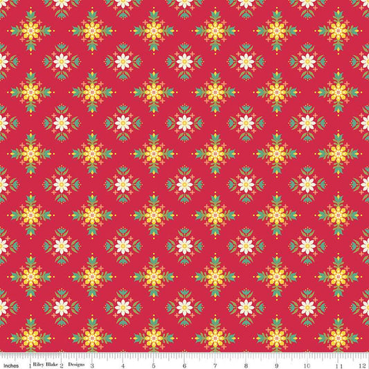 Image of the Autumn Afternoon Flower Clusters Berry quilting cotton fabric by Heather Peterson for Riley Blake Designs. Features a tiled design with clusters of flowers on a dark pink red berry background. 
Cute Little Fabric Shop