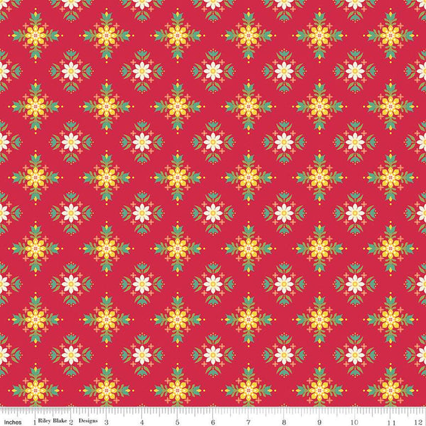 Image of the Autumn Afternoon Flower Clusters Berry quilting cotton fabric by Heather Peterson for Riley Blake Designs. Features a tiled design with clusters of flowers on a dark pink red berry background. 
Cute Little Fabric Shop