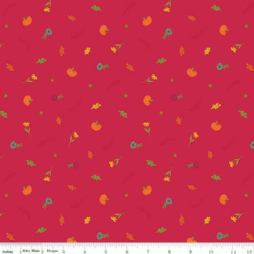 Image of the Autumn Afternoon Fall Toss Berry quilting cotton fabric by Heather Peterson for Riley Blake Designs. Features scattered flowers, pumpkins, and acorns on a dark pink red berry background. 
Cute Little Fabric Shop