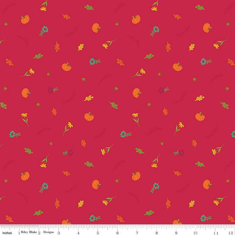 Image of the Autumn Afternoon Fall Toss Berry quilting cotton fabric by Heather Peterson for Riley Blake Designs. Features scattered flowers, pumpkins, and acorns on a dark pink red berry background. 
Cute Little Fabric Shop