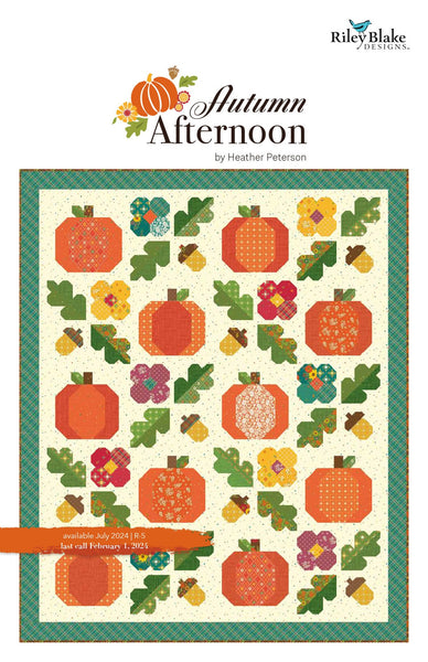 Image of the storyboard for Autumn Afternoon quilting cotton collection by Heather Peterson for Riley Blake Designs. Pictures a quilt with pumpkins, acorns, and leaves with a cream background and green borders.
Cute Little Fabric Shop