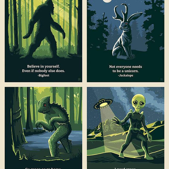 Image of the Legends of the National Parks Digitally Printed Believe Panel. Pictures a Bigfoot, Jackalope, Lizard Man, and Extraterrestrial on a tan border. The main colors are blue and green.
Cute Little Fabric Shop