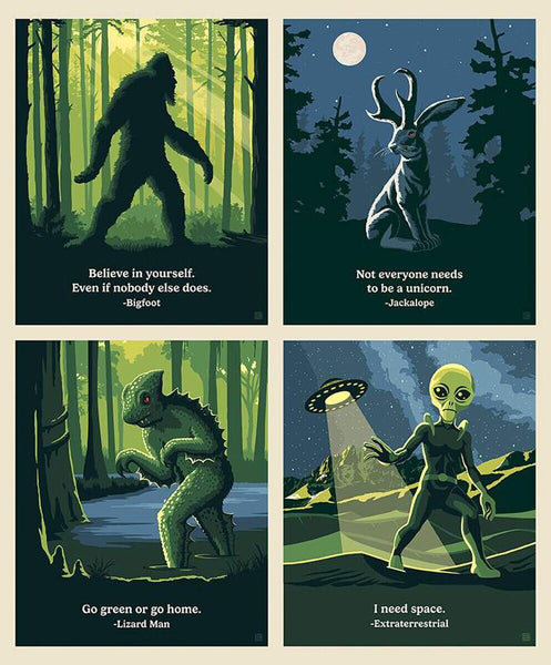 Image of the Legends of the National Parks Digitally Printed Believe Panel. Pictures a Bigfoot, Jackalope, Lizard Man, and Extraterrestrial on a tan border. The main colors are blue and green.
Cute Little Fabric Shop