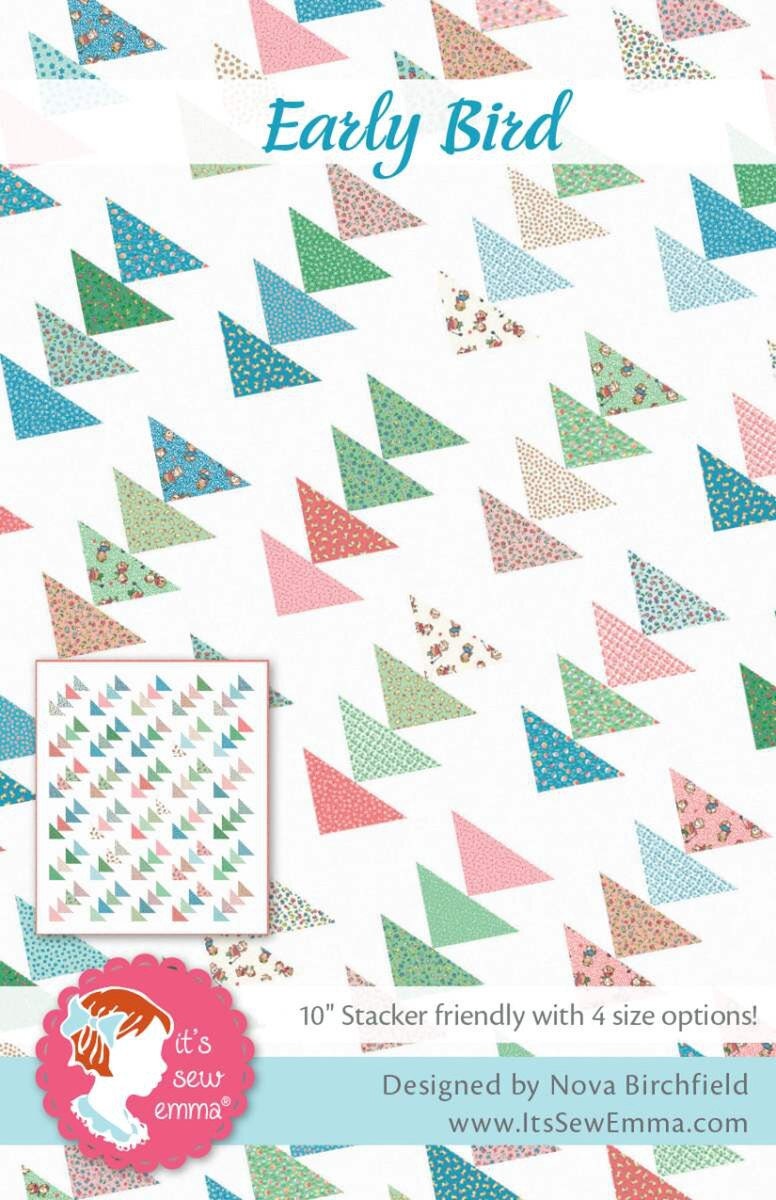 Image of the It's Sew Emma Early Bird Quilt Pattern by Riley Blake Designs. Features a triangle pattern on a light background. 
Cute Little Fabric Shop