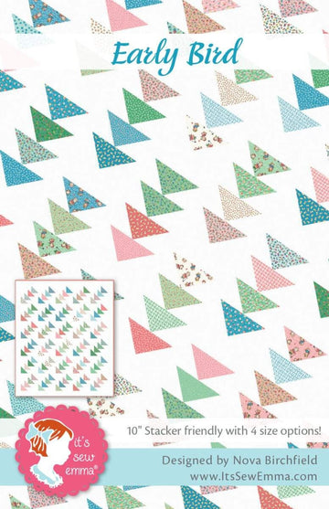 Image of the It's Sew Emma Early Bird Quilt Pattern by Riley Blake Designs. Features a triangle pattern on a light background. 
Cute Little Fabric Shop