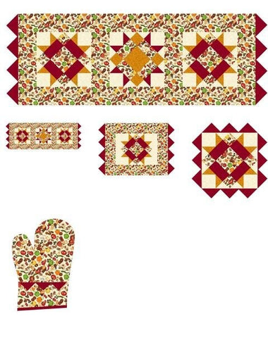 Image of the Friday Night Dinner Quilt Pattern bt QT fabrics. Features a table runner, 4 placemats, a trivet, and an oven mitt. Uses fall colors of red, orange, green, and cream. 
Cute Little Fabric Shop