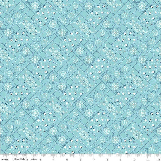 Image of the Farm Girl Vintage Bandana Aqua quilting cotton fabric by Lori Holt for Riley Blake Designs. Pictures light blue fabric with white and dark blue bandana designs. 
Cute Little Fabric Shop