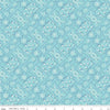 Image of the Farm Girl Vintage Bandana Aqua quilting cotton fabric by Lori Holt for Riley Blake Designs. Pictures light blue fabric with white and dark blue bandana designs. 
Cute Little Fabric Shop