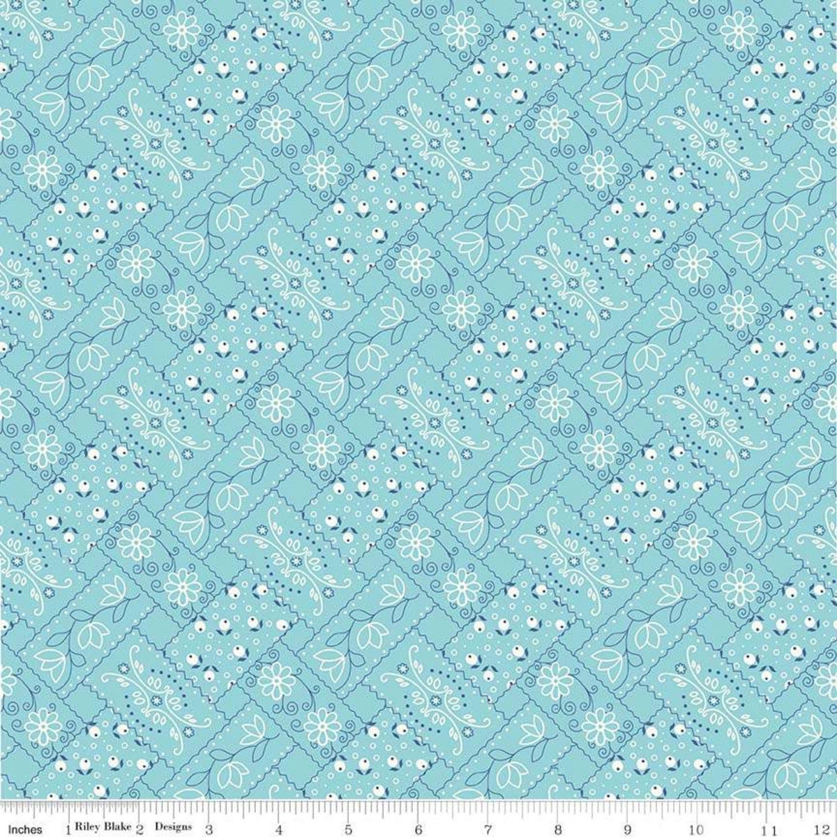 Image of the Farm Girl Vintage Bandana Aqua quilting cotton fabric by Lori Holt for Riley Blake Designs. Pictures light blue fabric with white and dark blue bandana designs. 
Cute Little Fabric Shop