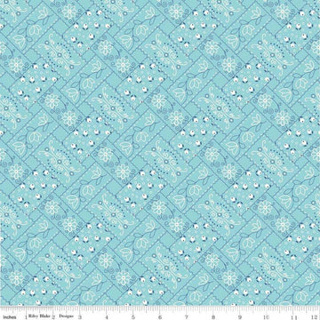 Image of the Farm Girl Vintage Bandana Aqua quilting cotton fabric by Lori Holt for Riley Blake Designs. Pictures light blue fabric with white and dark blue bandana designs. 
Cute Little Fabric Shop