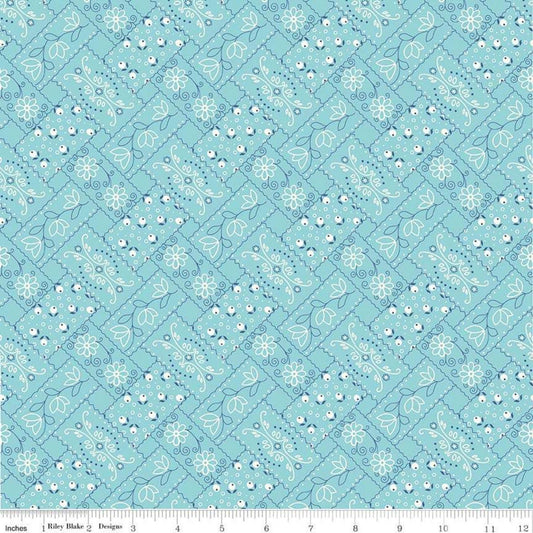Image of the Farm Girl Vintage Bandana Aqua quilting cotton fabric by Lori Holt for Riley Blake Designs. Pictures light blue fabric with white and dark blue bandana designs. 
Cute Little Fabric Shop