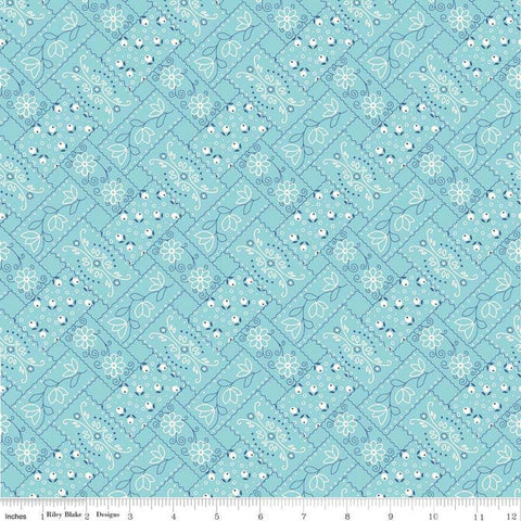 Image of the Farm Girl Vintage Bandana Aqua quilting cotton fabric by Lori Holt for Riley Blake Designs. Pictures light blue fabric with white and dark blue bandana designs. 
Cute Little Fabric Shop