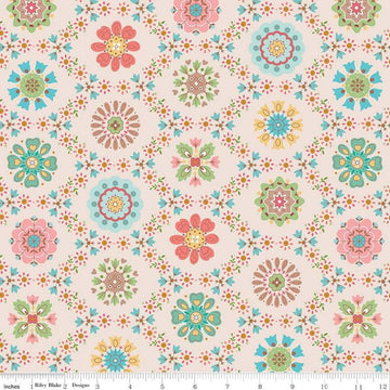Image of the Granny Chic Applique Multi quilting cotton fabric by Lori Holt for Riley Blake Designs. Features a vintage flowers in a lattice pattern on a tan background. 
Cute Little Fabric Shop