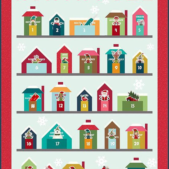 Image of Jennifer Long North Pole Village Advent Calendar Quilt Pattern by Riley Blake Designs. Features houses on a light blue background with elves at each house.
Cute Little Fabric Shop