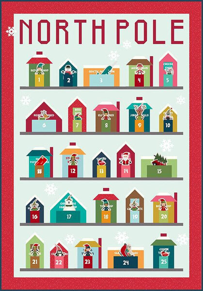 Image of Jennifer Long North Pole Village Advent Calendar Quilt Pattern by Riley Blake Designs. Features houses on a light blue background with elves at each house.
Cute Little Fabric Shop