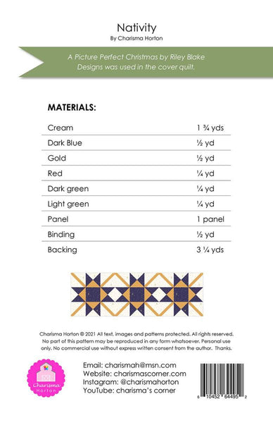 Image of the fabric requirements for the Charisma Horton Nativity Quilt Pattern.
Cute Little Fabric Shop