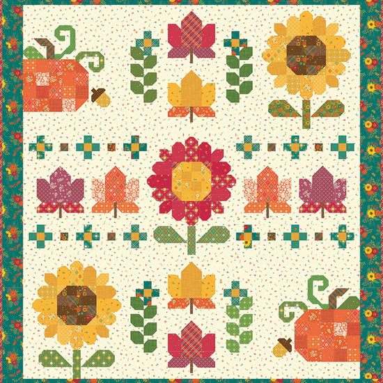 Image of the Autumn Afternoon Sampler Quilt Pattern by Heather Peterson for Riley Blake Designs. Features  pieced leaves, pumpkins, and sunflowers. Finished size is 73" x 80". 
Cute Little Fabric Shop