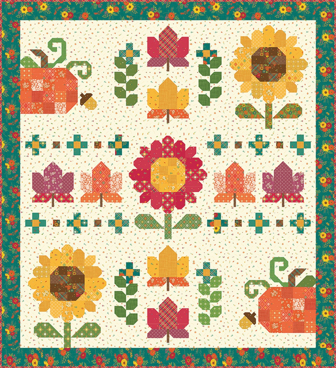 Image of the Autumn Afternoon Sampler Quilt Pattern by Heather Peterson for Riley Blake Designs. Features  pieced leaves, pumpkins, and sunflowers. Finished size is 73" x 80". 
Cute Little Fabric Shop