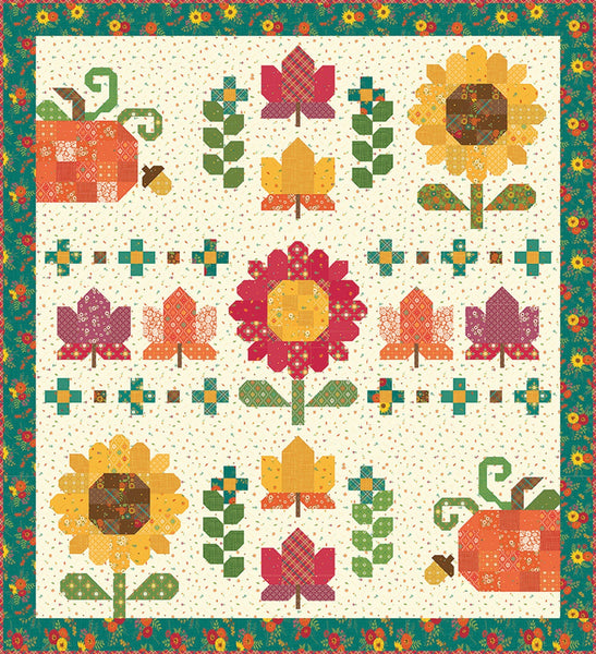 Image of the Autumn Afternoon Sampler Quilt Pattern by Heather Peterson for Riley Blake Designs. Features  pieced leaves, pumpkins, and sunflowers. Finished size is 73&quot; x 80&quot;. 
Cute Little Fabric Shop