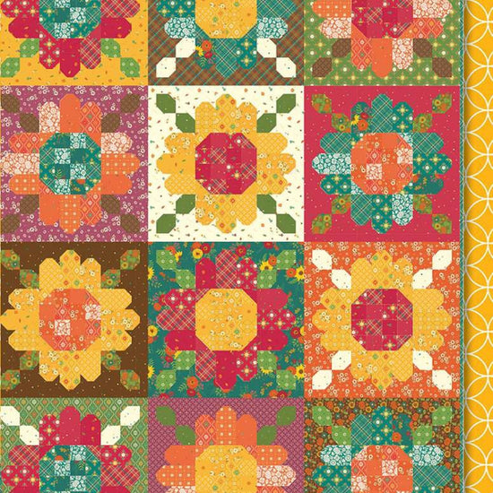 Image of the Zinnia Seeds Sampler Quilt Pattern by Heather Peterson for Riley Blake Designs. Features  pieced flowers in green, red, yellow, orange, and brown.
Cute Little Fabric Shop