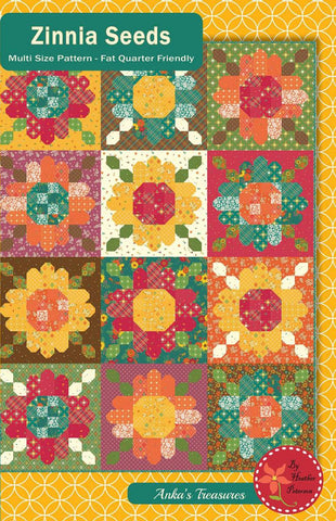 Image of the Zinnia Seeds Sampler Quilt Pattern by Heather Peterson for Riley Blake Designs. Features  pieced flowers in green, red, yellow, orange, and brown.
Cute Little Fabric Shop