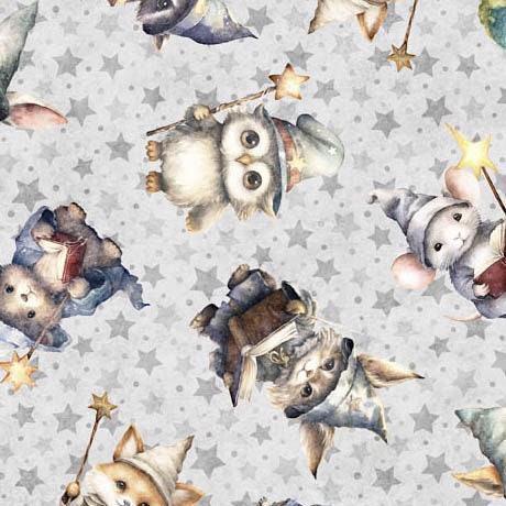 Image of the Lil Wizards Wizard Toss Gray Minky Fabric by QT Fabrics. Features baby animals with magic wands and wizard hats on a light gray starred background. 
Cute Little Fabric Shop