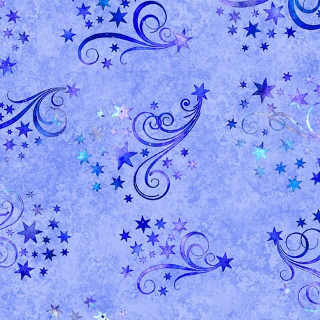 Image of the Lil Wizards Star & Scroll Blue Minky Fabric by QT Fabrics. Features stars and swirls on a blue background. 
Cute Little Fabric Shop