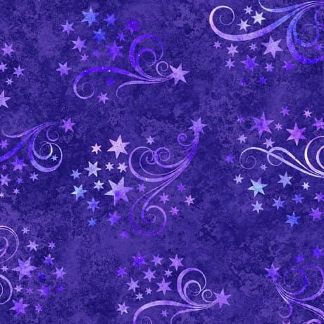 Image of the Lil Wizards Star & Scroll Purple Minky Fabric by QT Fabrics. Features stars and swirls on a dark purple background. 
Cute Little Fabric Shop