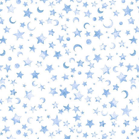 Image of the Lil Wizards Moon & Stars Blue Minky Fabric by QT Fabrics. Features stars and moons on a white background. 
Cute Little Fabric Shop