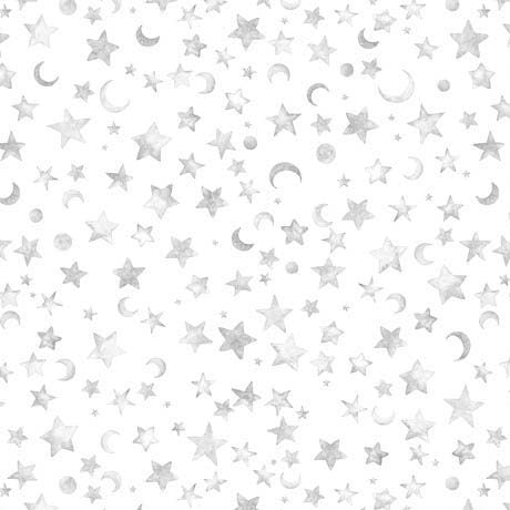 Image of the Lil Wizards Moon & Stars Gray Minky Fabric by QT Fabrics. Features stars and moons on a white background. 
Cute Little Fabric Shop