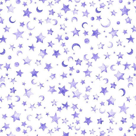 Image of the Lil Wizards Moon & Stars Purple Minky Fabric by QT Fabrics. Features stars and moons on a white background. 
Cute Little Fabric Shop