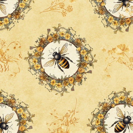 Image of the Queen Bee Bee Circle Vignette Chamois Minky Fabric by QT Fabrics. Features bees in circular flower wreaths on a light cream background. 
Cute Little Fabric Shop