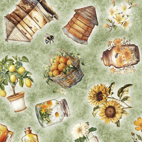 Image of the Queen Bee Bee Hive and Plant Toss Sage Minky Fabric by QT Fabrics. Features flowers, lemons, jars, honeybees, and beehives on a light green background. 
Cute Little Fabric Shop