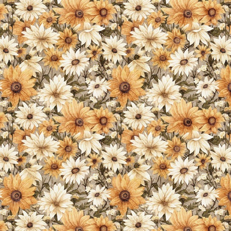 Image of the Queen Bee Packed Floral Tan Minky Fabric by QT Fabrics. Features packed flowers and leaves on a tan brown background. 
Cute Little Fabric Shop