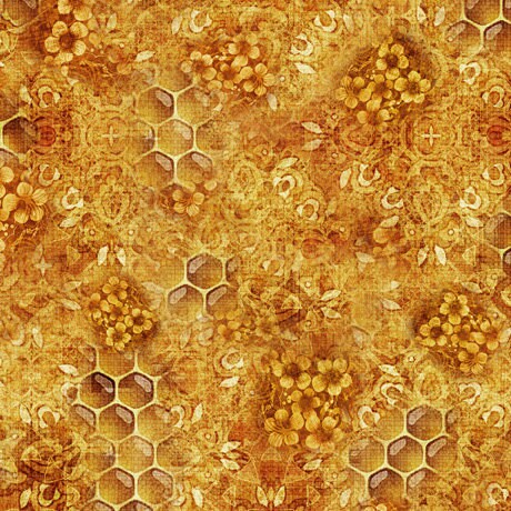 Image of the Queen Bee Honeycomb Blender Honey Minky Fabric by QT Fabrics. Features honeycomb and flowers on a honey gold background. 
Cute Little Fabric Shop