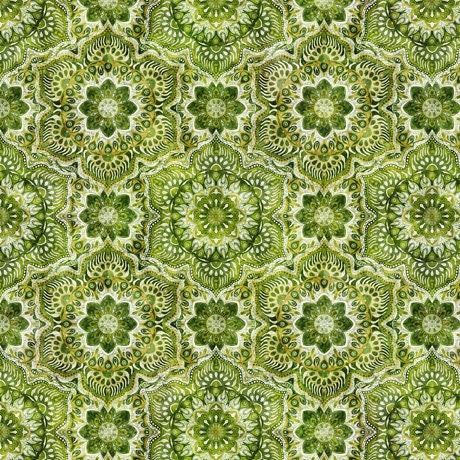 Image of the Queen Bee Flower Medallion Green Minky Fabric by QT Fabrics. Features geometric flowers on a green background. 
Cute Little Fabric Shop