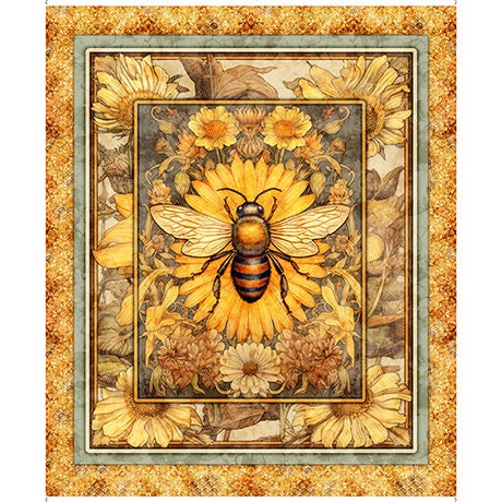 Image of the Queen Bee Bee Panel Honey. Features a large bee with a sunflower and other flowers on a honey yellow background. 
Cute Little Fabric Shop