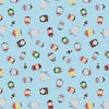 Image of the Thomas & Friends™ Sodor Railway Toss Blue quilting cotton fabric by Riley Blake Designs. Features trains and helicopters scattered on a light blue background. 
Cute Little Fabric Shop