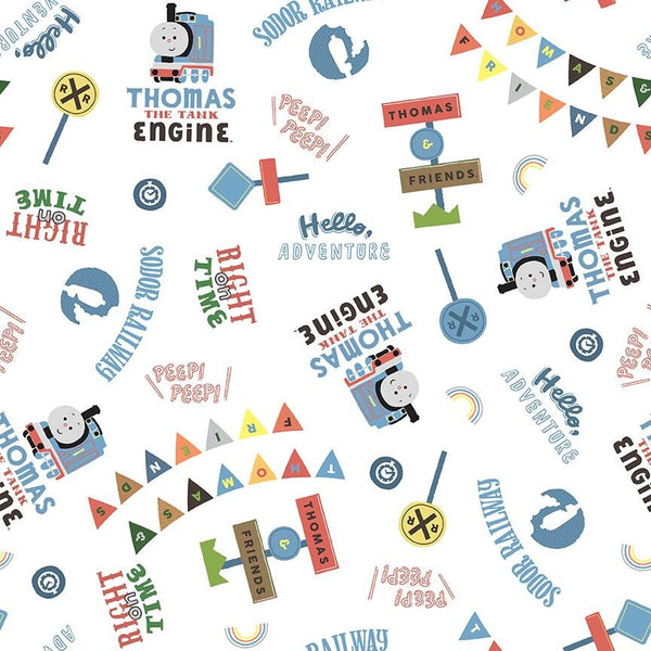 Image of the Thomas & Friends™ Sodor Railway Words White quilting cotton fabric by Riley Blake Designs. Features scattered trains, text, and icons on a white background. 
Cute Little Fabric Shop