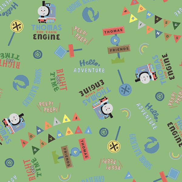 Image of the Thomas & Friends™ Sodor Railway Words Green quilting cotton fabric by Riley Blake Designs. Features scattered trains, text, and icons on a green background. 
Cute Little Fabric Shop