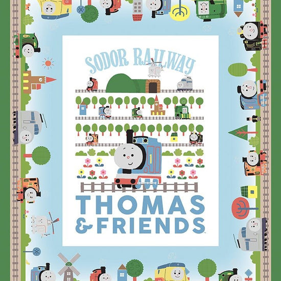 Image of theThomas & Friends™ Sodor Railway Panel quilting cotton by Riley Blake Designs. Features a train surrounded by other trains on tracks. 
Cute Little Fabric Shop