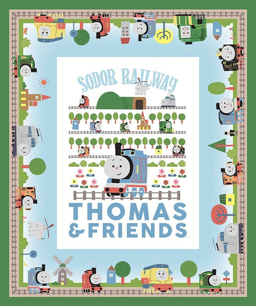 Image of theThomas & Friends™ Sodor Railway Panel quilting cotton by Riley Blake Designs. Features a train surrounded by other trains on tracks. 
Cute Little Fabric Shop