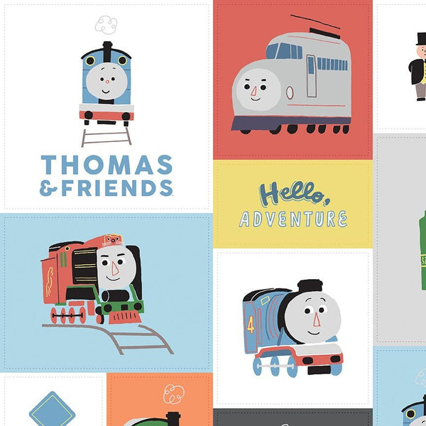 Image of the Thomas & Friends™ Sodor Railway Cheater Print Multi quilting cotton fabric by Riley Blake Designs. Features trains on on a multi colored background. 
Cute Little Fabric Shop