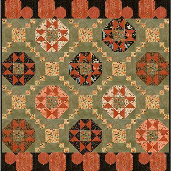 Image of the Charisma Horton Squash Blossom Quilt Pattern by Riley Blake Designs featuring Bittersweet Farm. Quilt has alternating blocks on a grey background with pumpkins on the top and bottom. 
Cute Little Fabric Shop
