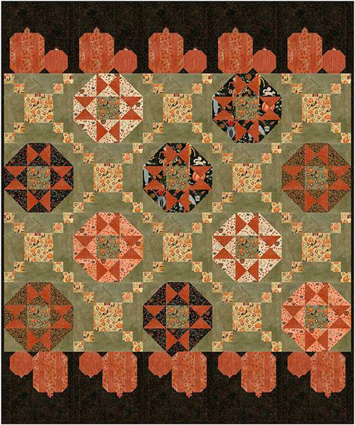 Image of the Charisma Horton Squash Blossom Quilt Pattern by Riley Blake Designs featuring Bittersweet Farm. Quilt has alternating blocks on a grey background with pumpkins on the top and bottom. 
Cute Little Fabric Shop