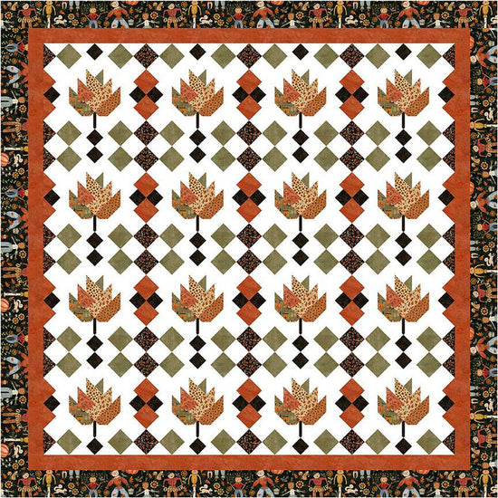 Image of the Sew-N-Quilt Raking Leaves Quilt Pattern by LaVonne Jackson for Riley Blake Designs. Features pieced leaves with squares on a light white background and a black border. 
Cute Little Fabric Shop