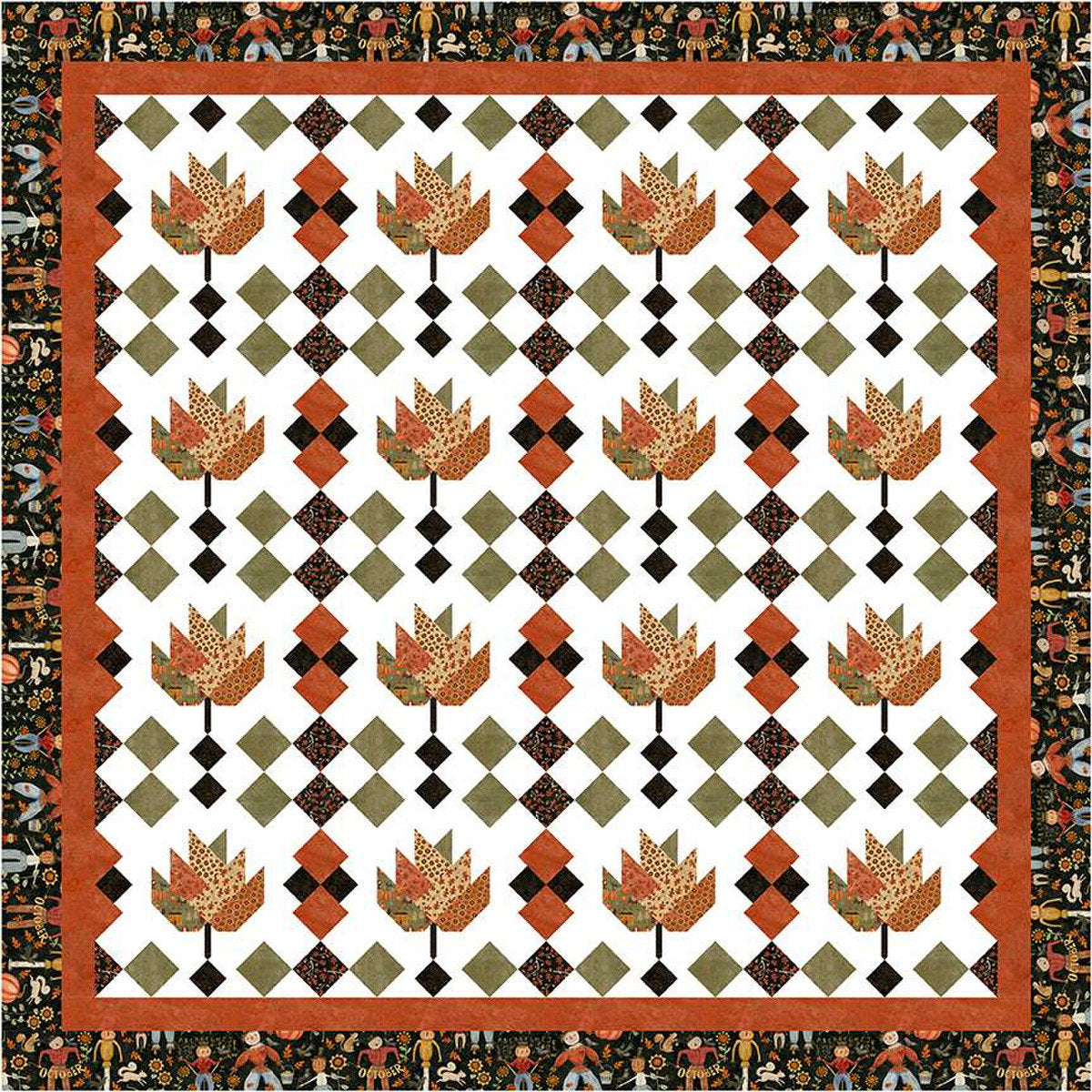 Image of the Sew-N-Quilt Raking Leaves Quilt Pattern by LaVonne Jackson for Riley Blake Designs. Features pieced leaves with squares on a light white background and a black border. 
Cute Little Fabric Shop